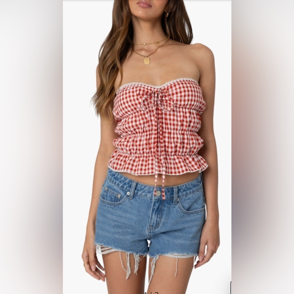 Source Unknown Red Checkered Strapless Crop Top